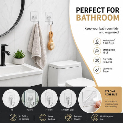 Heavy Duty Adhesive Hooks 60lb Max, 12 Pack Wall Hooks, Strong Stick On Hooks Traceless Waterproof & Rustproof for Bathroom Kitchen Home Hanging (12, Clear)