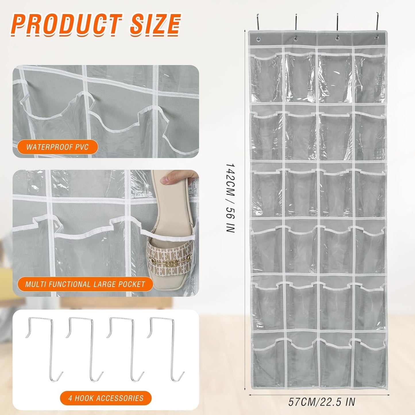 GOMAJI Over the Door 24 Pocket Hanging Shoe Organizer, Space Saving Hanging Storage Holder, Gray, (56" X 22.5")