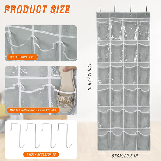 GOMAJI Over the Door 24 Pocket Hanging Shoe Organizer, Space Saving Hanging Storage Holder, Gray, (56" X 22.5")