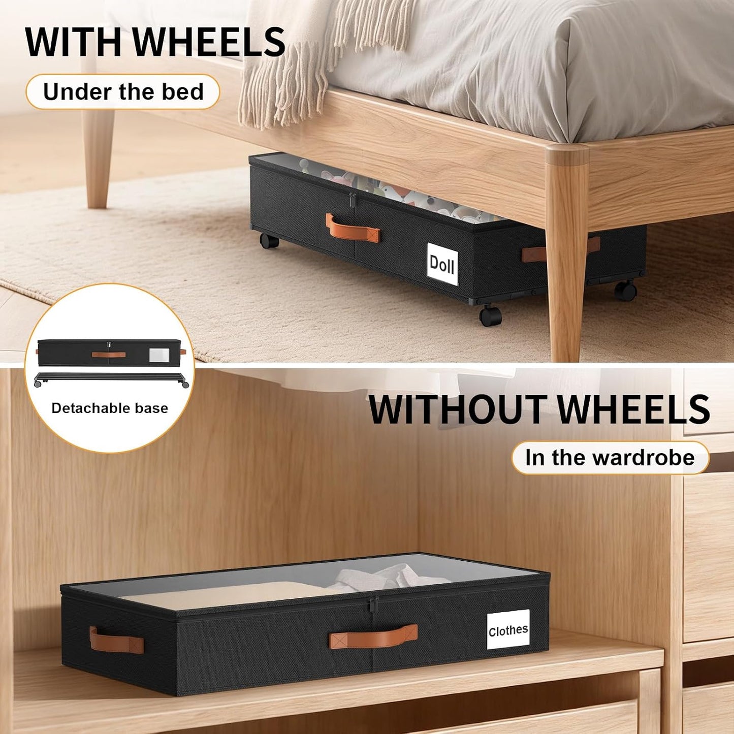 Under Bed Storage Containers with Wheels Large Underbed Shoes Blankets Clothes Toy Storage Drawers for College Dorms Bedrooms Nursery Rooms Organization (Black 2 Pack, 7.5in height(36"x16.6"x7.48"))