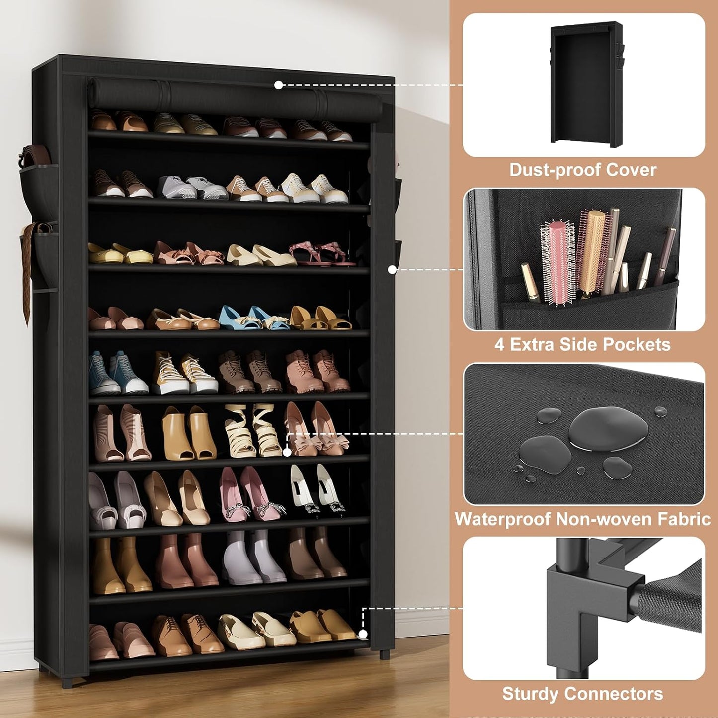 VILICK Shoe Rack with Cover Narrow Shoe Organizer with 4 Side Pockets 10 Tier Tall Shoe Storage Holds 18-22 Pairs Shoes and Boots Shoe Rack for Closet Entryway Garage