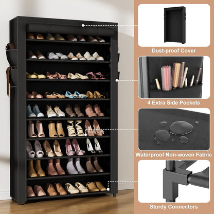 VILICK Shoe Rack with Cover Narrow Shoe Organizer with 4 Side Pockets 10 Tier Tall Shoe Storage Holds 18-22 Pairs Shoes and Boots Shoe Rack for Closet Entryway Garage