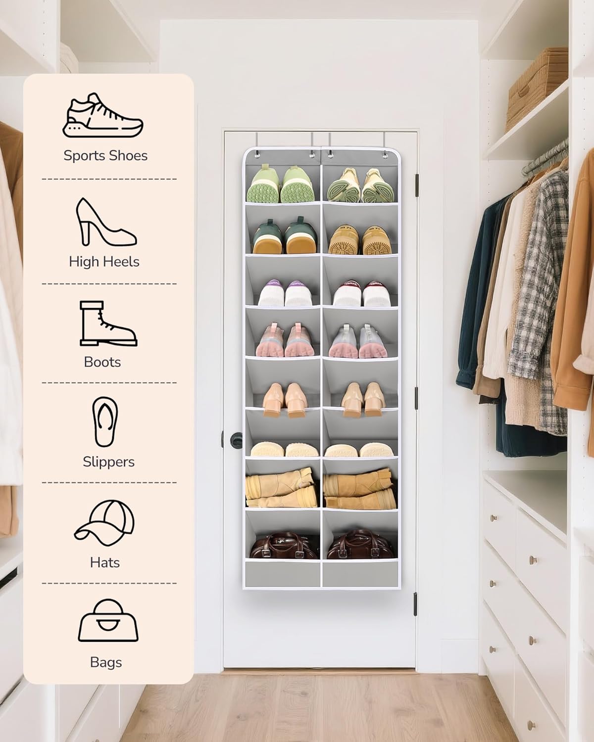 ULG Over The Door Shoe Organizer for Closet Fit 24-32 Pairs with Large Deep Pockets, Narrow Shoe Rack for Door Hanging Boots Storage, Black