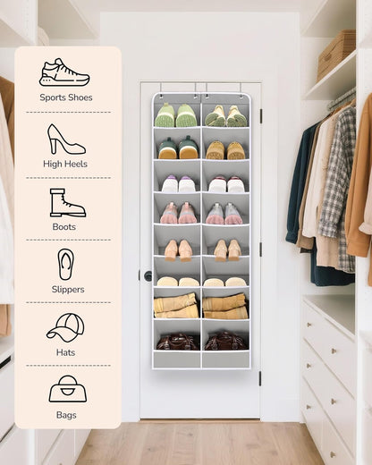 ULG Over The Door Shoe Organizer for Closet Fit 24-32 Pairs with Large Deep Pockets, Narrow Shoe Rack for Door Hanging Boots Storage, Black