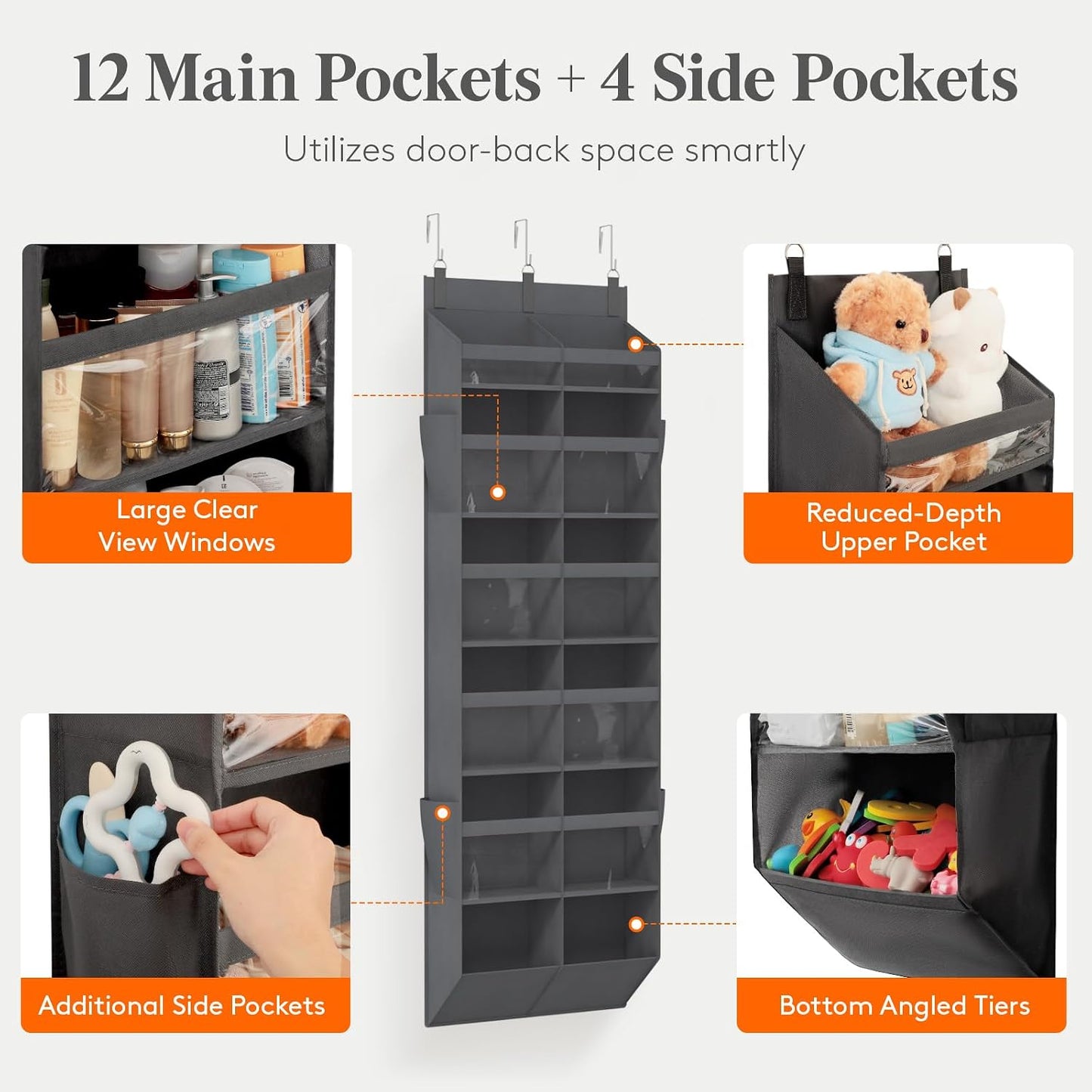 Lifewit 1 Pack Over the Door Organizer, 5 Section Clear Window Hanging Storage with 4 Side Pockets, Sturdy Anti Tilt 40 lbs Load Behind Door for Closet, Bedroom, Bathroom, Nursery, Dorm, Dark Gray