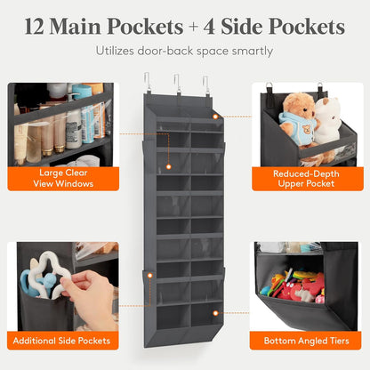 Lifewit 1 Pack Over the Door Organizer, 5 Section Clear Window Hanging Storage with 4 Side Pockets, Sturdy Anti Tilt 40 lbs Load Behind Door for Closet, Bedroom, Bathroom, Nursery, Dorm, Dark Gray