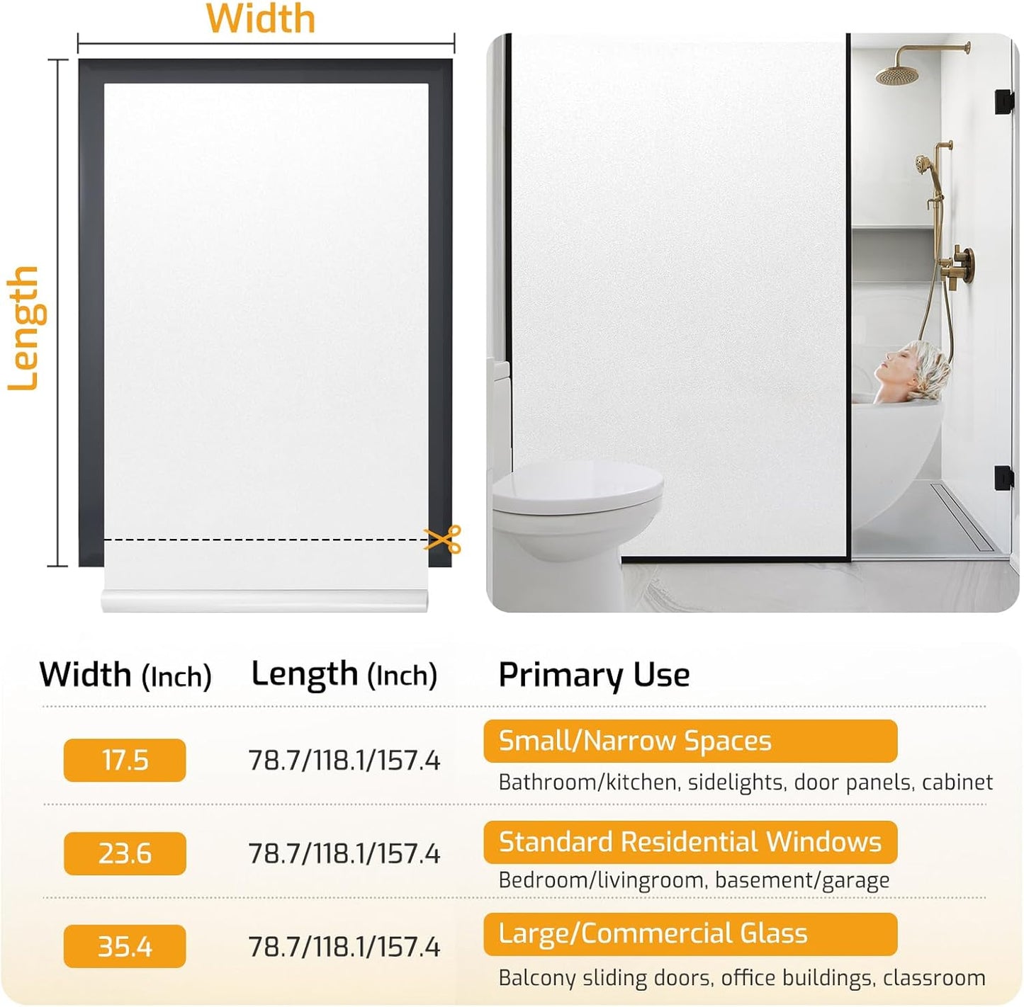 LUTE Window Privacy Film, Frosted Glass Window Film for Bathroom, Static Cling Removable Heat Control Glass Coverings, Non Adhesive Opaque Door Sticker for Home Office (Pure, 17.5" x 78.7")