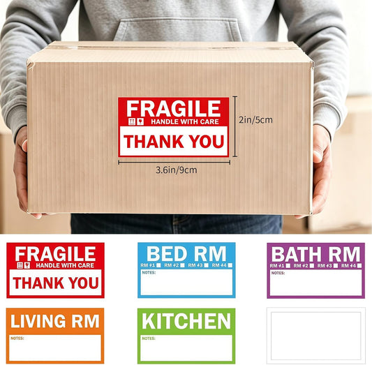 300PCS Home Moving Labels-3.6 x 2 inches,5 Color Coded Packing Box Stickers with 50 Fragile Stickers & 50 Blank Labels for Home Organization Moving Supplies Storage Bins