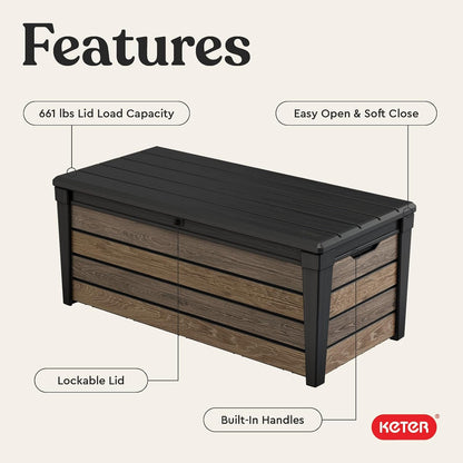 Keter Signature Everwood 30 Gallon Resin Outdoor Storage Box and Patio Furniture Side Table for Pool and Garden Accessories, Walnut