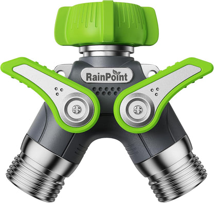 RAINPOINT 2 Way Garden Hose Splitter | Heavy Duty Water Spigot Splitter with Shutoff Valves, 100% Metal Body, 1.9" Extra Long Metal Handle, 3/4" GHT Thread