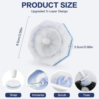 50 Pack Disposable Toilet Brush Refills, Universal Compatible Replacement Heads, 3-Layer Deep Cleaning Sponges for Bathroom Wand, Blue & White Striped Scrubbers