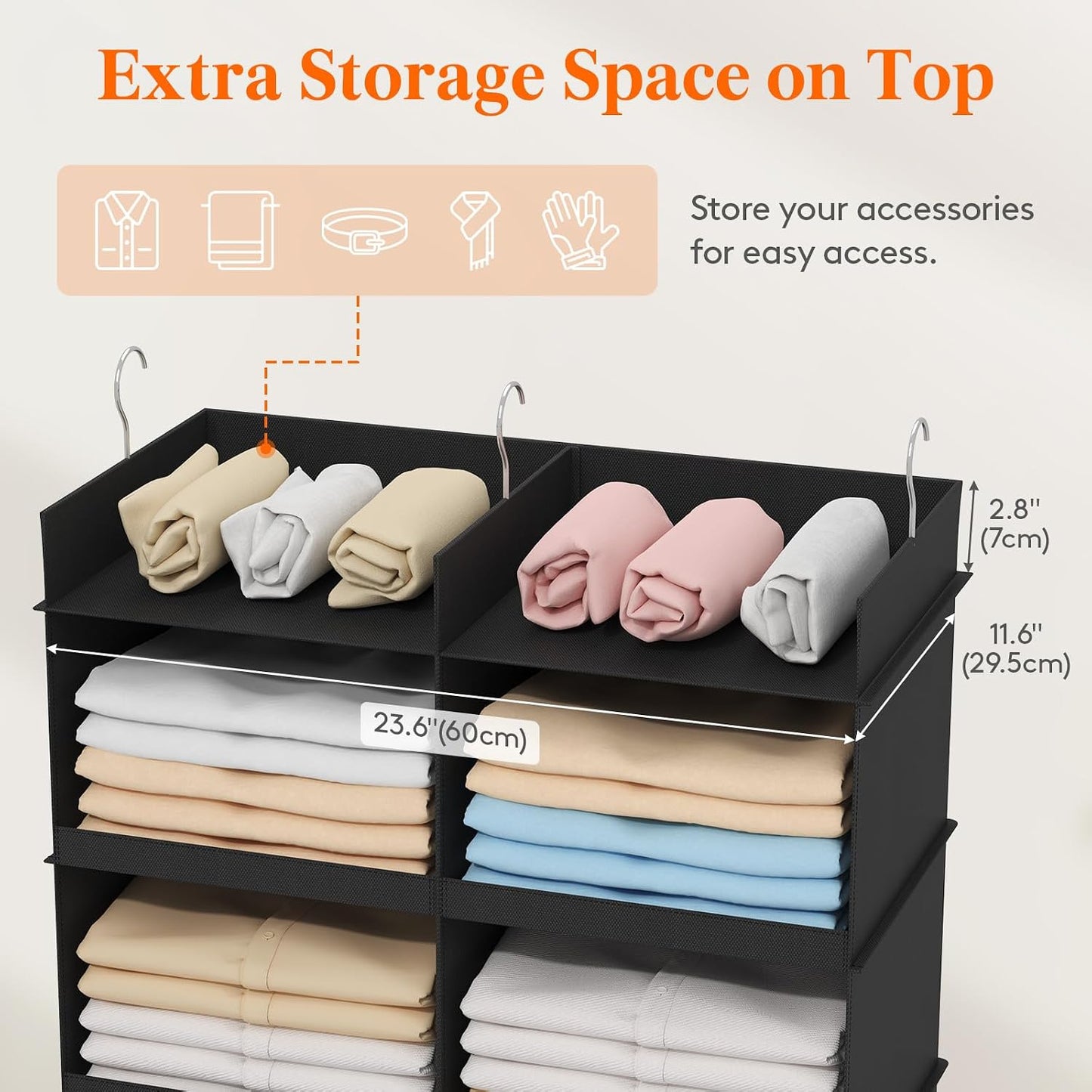 Lifewit Dual-Row Shelf Hanging Closet Organizer and Storage, Clothes Shelves with 3 Sturdy Hooks for Clothing Organization, Foldable Container Hold Up to 24 Sweaters, 4 Tier 8 Sections, Gray