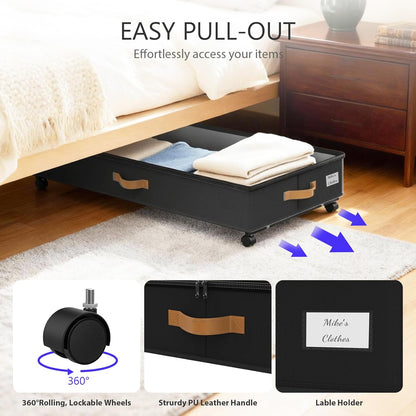 Under Bed Storage with Wheels 2-Pack, 75L XXL Under the Bed Storage Containers Large, 12" Tall Adjustable Storage for Underbed with Lids, Rolling for Clothes, Shoes, Blankets (Black)