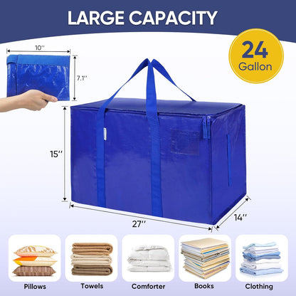 TICONN 4 Pack Extra Large Moving Bags Heavy Duty with Zippers & Carrying Handles, Durable Storage Bags Moving Boxes for Closet Organizers and Storage (4 Pack, Blue)