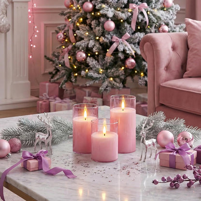 Homemory Green Glass Flameless Candles, Battery Operated LED Pillar Candles with Remote Control and Timer, Radiance Candles, Real Wax, Set of 3,D3 xH4 5" 6"