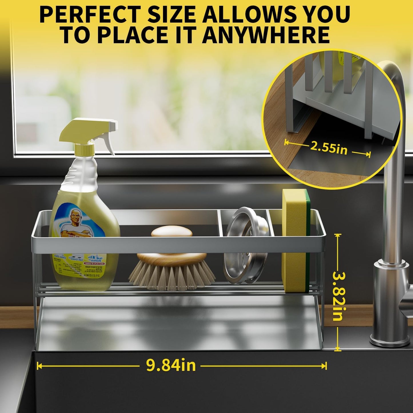 Kitchen Sink Caddy Organzier with Sponge Holder and Removable Drip Tray for Kitchen Sink, 304 Stainless Steel Organize for Sponge Soap Dish Brush Storage Accessories(Black)
