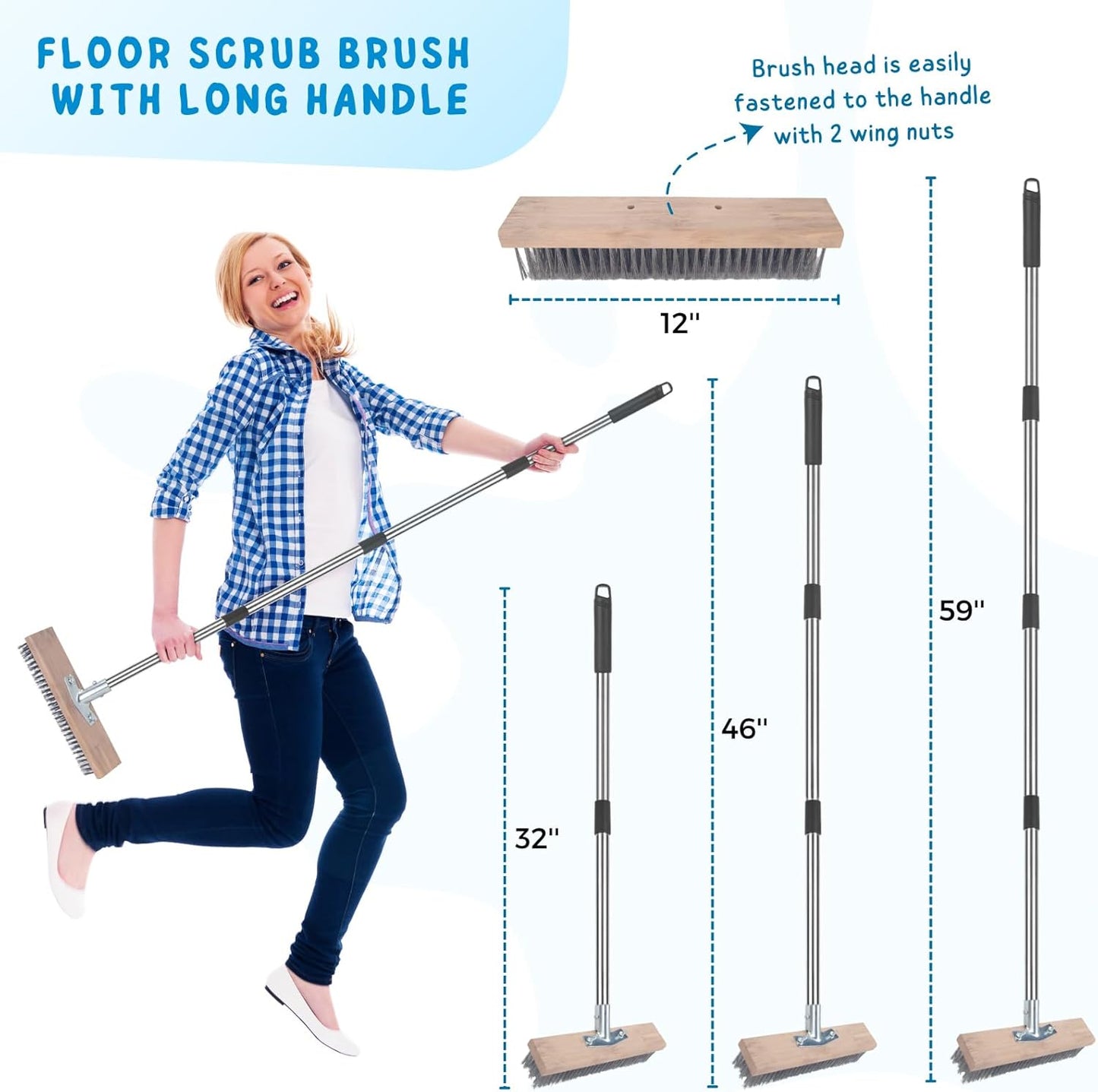Floor Scrubber Brush with Long Handle for Deck Cleaning, 52'' Stiff Bristle Scrub Broom for Shower, Bathroom, Boat, Concrete, Carpet, Garage