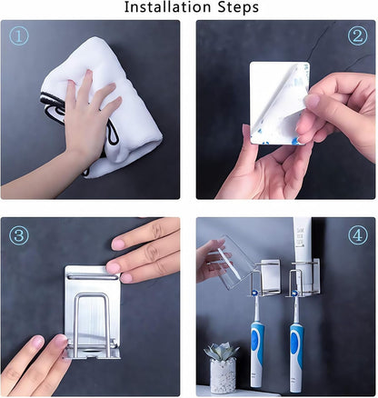 HANZE 2 Pack Toothbrush Holder 304 Stainless Steel Adhesive Wall Mounted 3 in 1 with Toothbrush Holder Toothpaste Holder and Cup Holder for Bathroom Shower