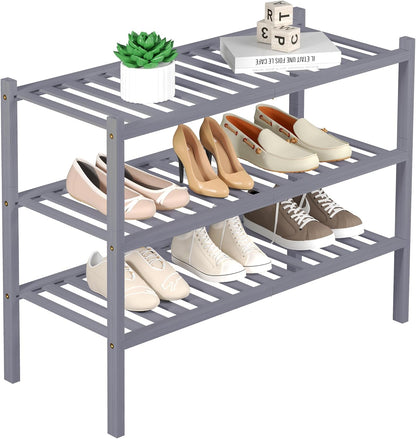 ROMGUAR CRAFT 3 Tier Bamboo Shoe Rack for Closet Free Standing Wood Shoe Shelf Storage Organizer for Entryway Small Space Stackable 27"x11"x20" (Natural)
