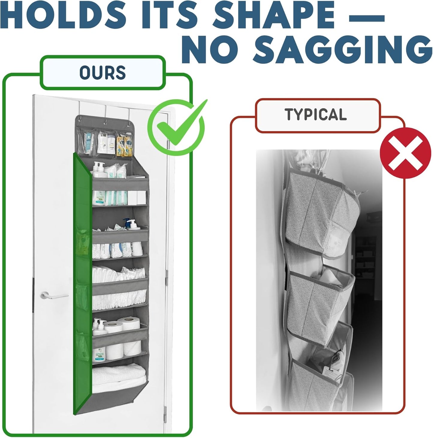 Over The Door Organizer with 5 Large Pockets, 5-Tier Hanging Storage | 5 Large & 6 Side Pockets, Behind Door Storage, 50 lbs Capacity, For Closet, Nursery, Bathroom