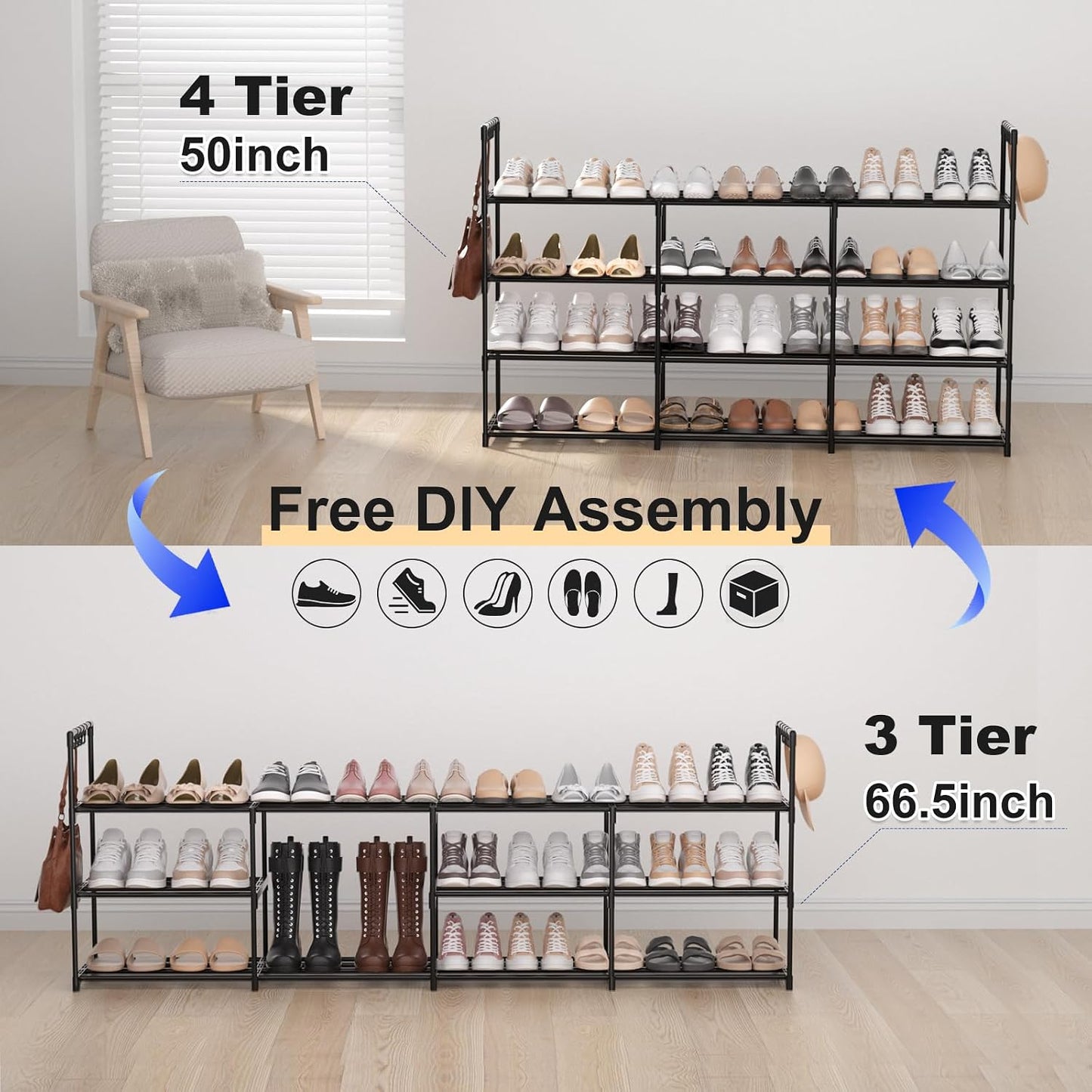 3 Row 4 Tier Long Shoe Rack, Black Metal Stackable Shoe Shelf with Multifunctional Hooks, Shoe Storage Hold 24-30 Pairs, Space Saving Shoe Organizer for Closet,Wide Shoe Rack