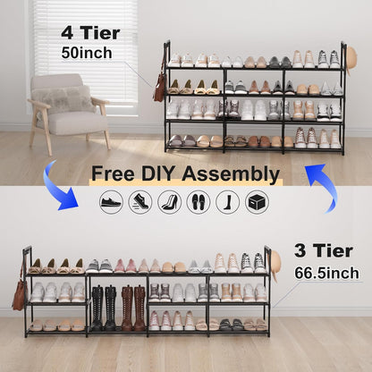 3 Row 4 Tier Long Shoe Rack, Black Metal Stackable Shoe Shelf with Multifunctional Hooks, Shoe Storage Hold 24-30 Pairs, Space Saving Shoe Organizer for Closet,Wide Shoe Rack