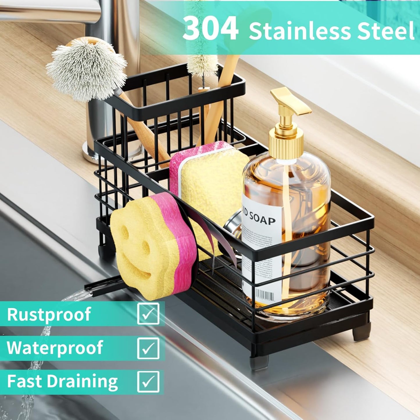 HapiRm Sponge Holder for Kitchen Sink - Self-draining Sink Caddy with Brush and Dishcloth Holders, Stainless Steel Kitchen Countertop Organizers and Storage Essentials - Black