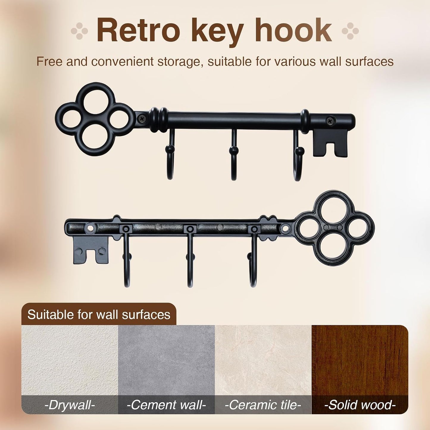 Classic Wall Mounted Key Holder Hook Rack, Vintage Key Rack for Entryway (Gold)