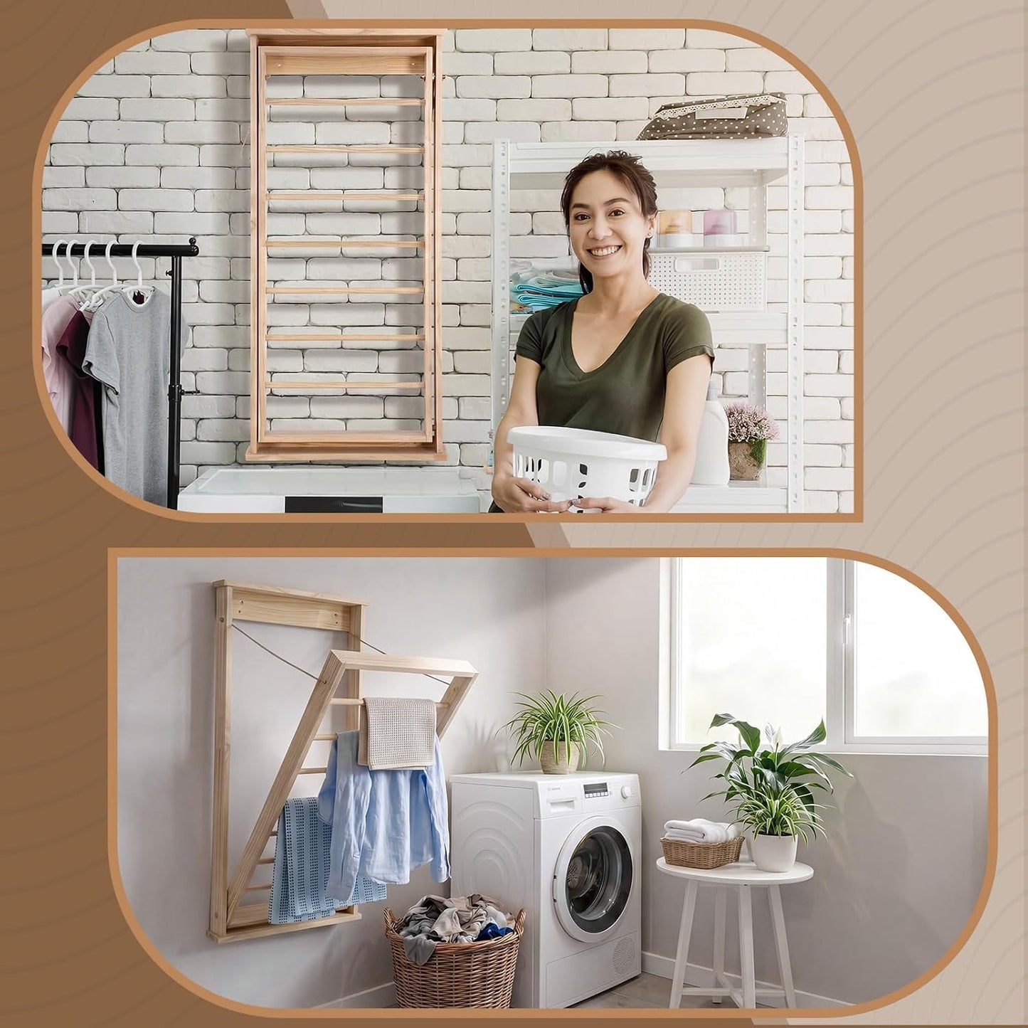 Novabright 1 Pcs Wall Mounted Drying Rack with Wooden Rod, Foldable Space-Saving Hanging Clothes Drying Rack for Laundry Room Storage Bathroom (40 x 19 x 3 Inch,Wood)