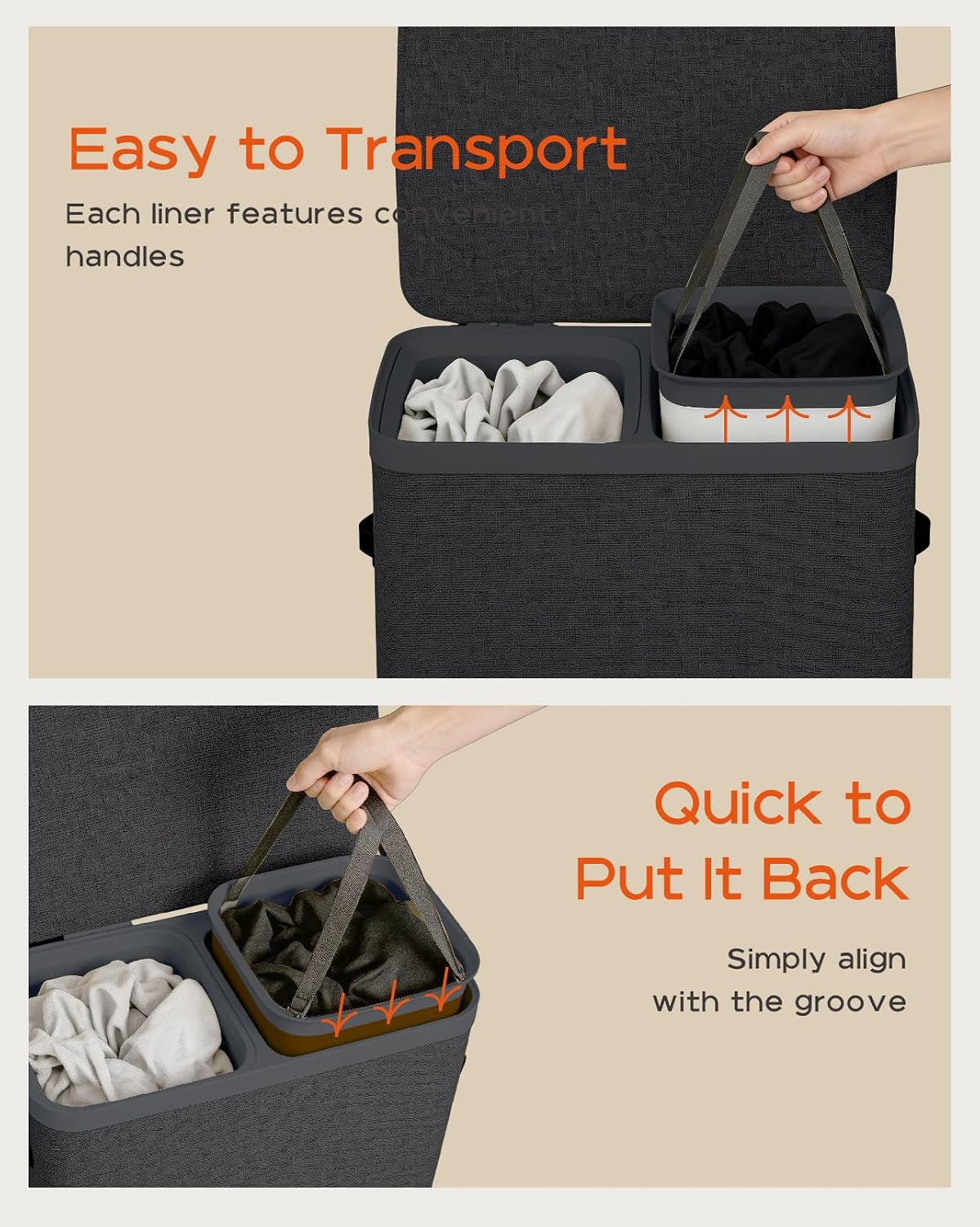 CASAMAYA Laundry Basket with Lid, Laundry Hamper 3 Section, 190L collapsible Laundry Organizer, Easy Assembly, with Handles and Removable Liners, 25.2 x 15.7 x 29.5 Inches, Beige JSP904M