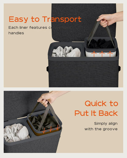 CASAMAYA Laundry Basket with Lid, Laundry Hamper 3 Section, 190L collapsible Laundry Organizer, Easy Assembly, with Handles and Removable Liners, 25.2 x 15.7 x 29.5 Inches, Beige JSP904M