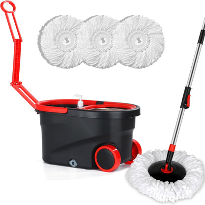 Spin Mop and Bucket with Wringer Set, 360° Spinning Mop Bucket System with 3 Microfiber Mop Replacement Heads and 61" Stainless Steel Adjustable Handle for Floor Cleaning