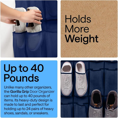 GORILLA GRIP Over the Door Shoe Organizer, 24 Large Breathable Mesh Pockets, Space Saving Hanging Storage Holder, Closet Rack Hanger Holds Up to 40 lbs, Hangs on Closets for Shoes, Accessories, Grey