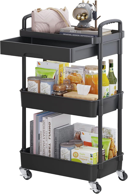 Calmootey 3-Tier Rolling Utility Cart with Drawer,Multifunctional Storage Organizer with Plastic Shelf & Metal Wheels,Storage Cart for Kitchen,Bathroom,Living Room,Office,White