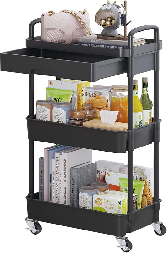 Calmootey 3-Tier Rolling Utility Cart with Drawer,Multifunctional Storage Organizer with Plastic Shelf & Metal Wheels,Storage Cart for Kitchen,Bathroom,Living Room,Office,White