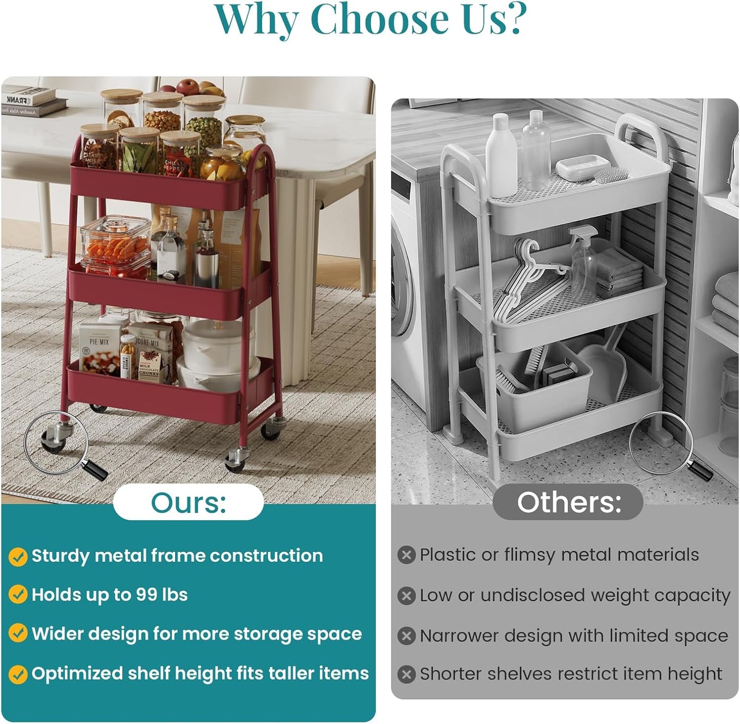 OLIXIS Metal 4 Tiers Utility Rolling Cart, Mobile Storage Shelf with Lockable Caster Wheels, Organization for Livingroom, Bathroom, Kitchen, & Narrow Places, 4-Tier Green