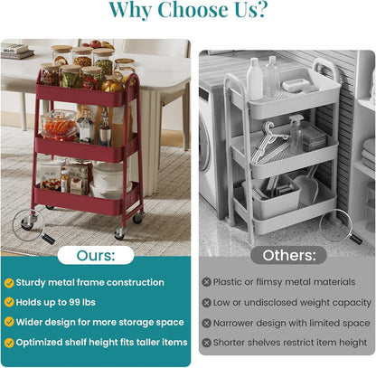 OLIXIS Metal 4 Tiers Utility Rolling Cart, Mobile Storage Shelf with Lockable Caster Wheels, Organization for Livingroom, Bathroom, Kitchen, & Narrow Places, 4-Tier Green