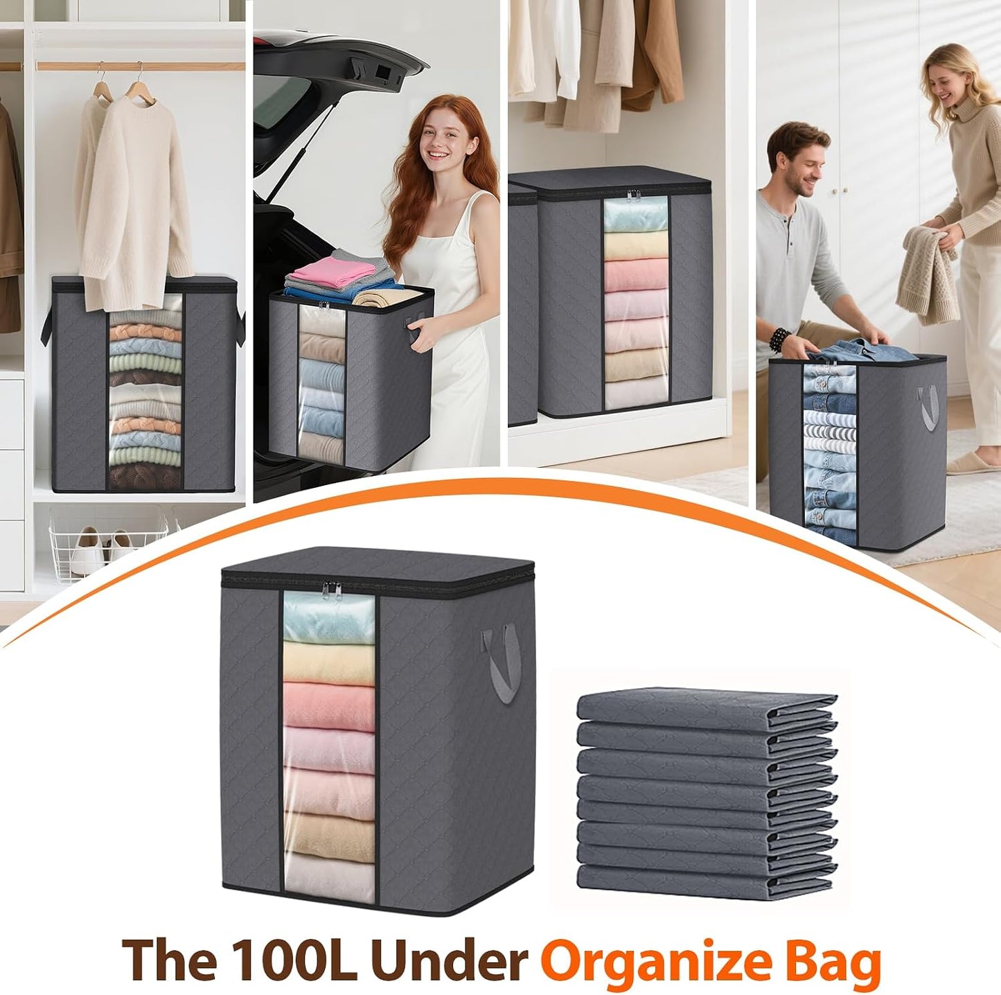 SpaceWhisper 3 Pack 100L Clothes Storage, Foldable Thick Fabric Blanket Storage Bags, Containers for Organizing Bedroom, Closet, Clothing, Comforter,Closet Organization with Handle,Grey