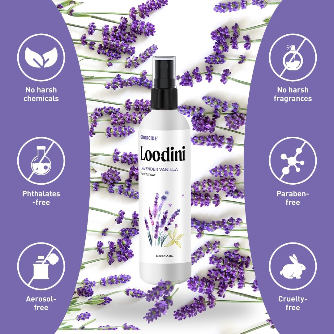 Odorcide Loo-Dini Lavender Vanilla 8oz Toilet Spray & Bathroom Spray – Use This Bathroom Spray Odor Eliminator Before You Go – Poop Spray For Toilet and Bathroom Air Freshener & Bathroom Deodorizer