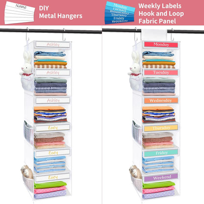Fixwal 6-Shelf Weekly Clothes Organizer for Kids, Kids Daily Shelf Hanging Closet Organizer with 6 Side Pockets, Days of The Week Hanging Storage Shelves (Pink)