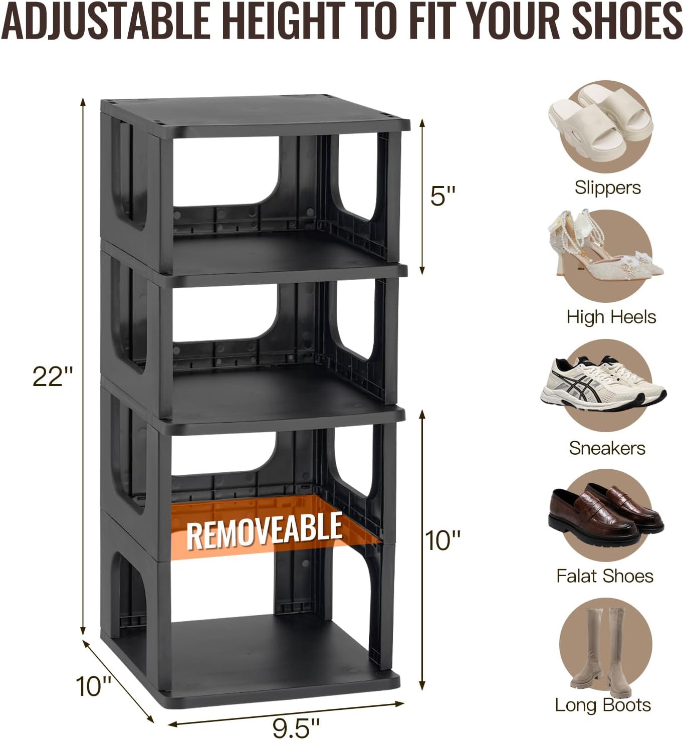 TRZZ 5-Tier Small Shoe Rack, Vertical Narrow Stackable Organizer with Removable Partition, Efficient Shoe Storage for Closet, Entryway, and Small Spaces (Black) | Removable Partition, Vertical Efficient Shoe Storage, for Closet, Entryway, Small Spaces