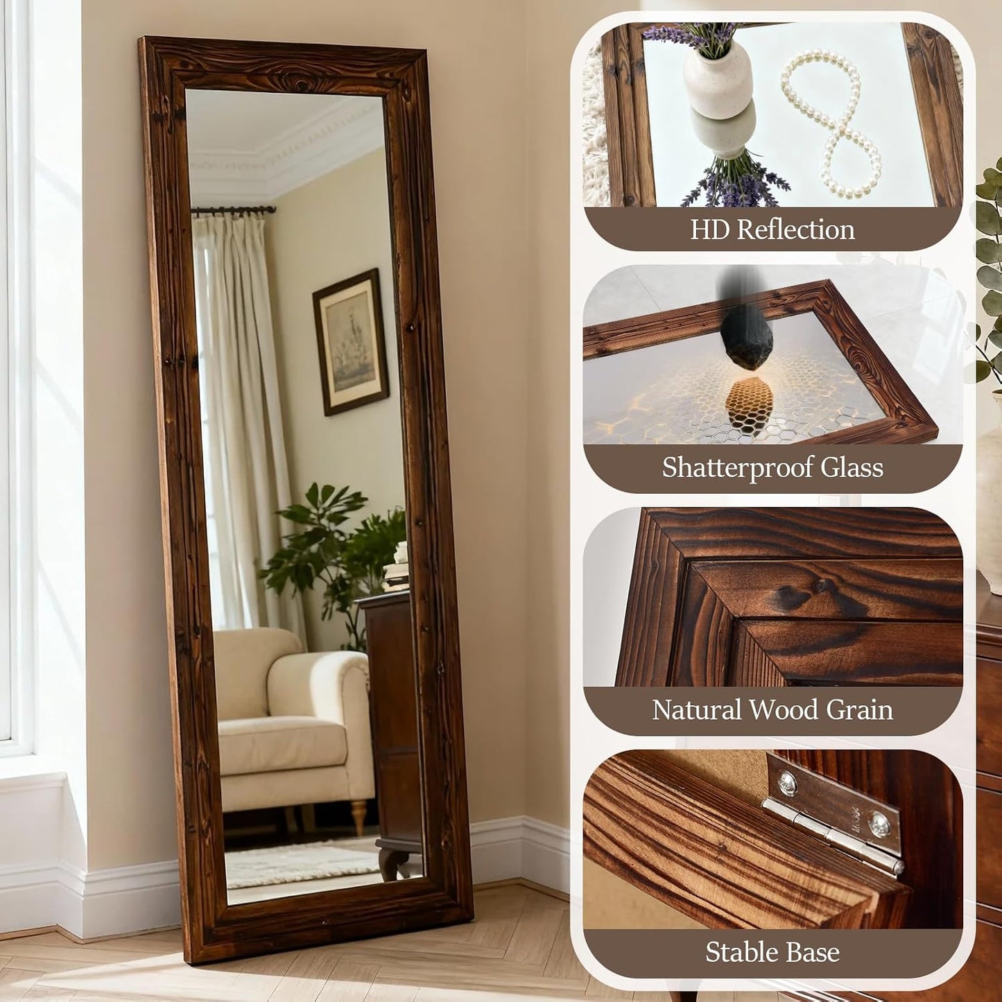 Full Body Mirror with Wooden Frame,Full Length Standing Floor Mirror for Farmhouse, Bathroom, Bedroom Decor, Hanging or Leaning Wall-Mounted,Brown