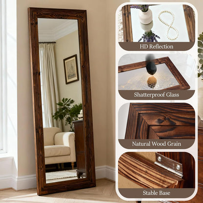 Full Body Mirror with Wooden Frame,Full Length Standing Floor Mirror for Farmhouse, Bathroom, Bedroom Decor, Hanging or Leaning Wall-Mounted,Brown