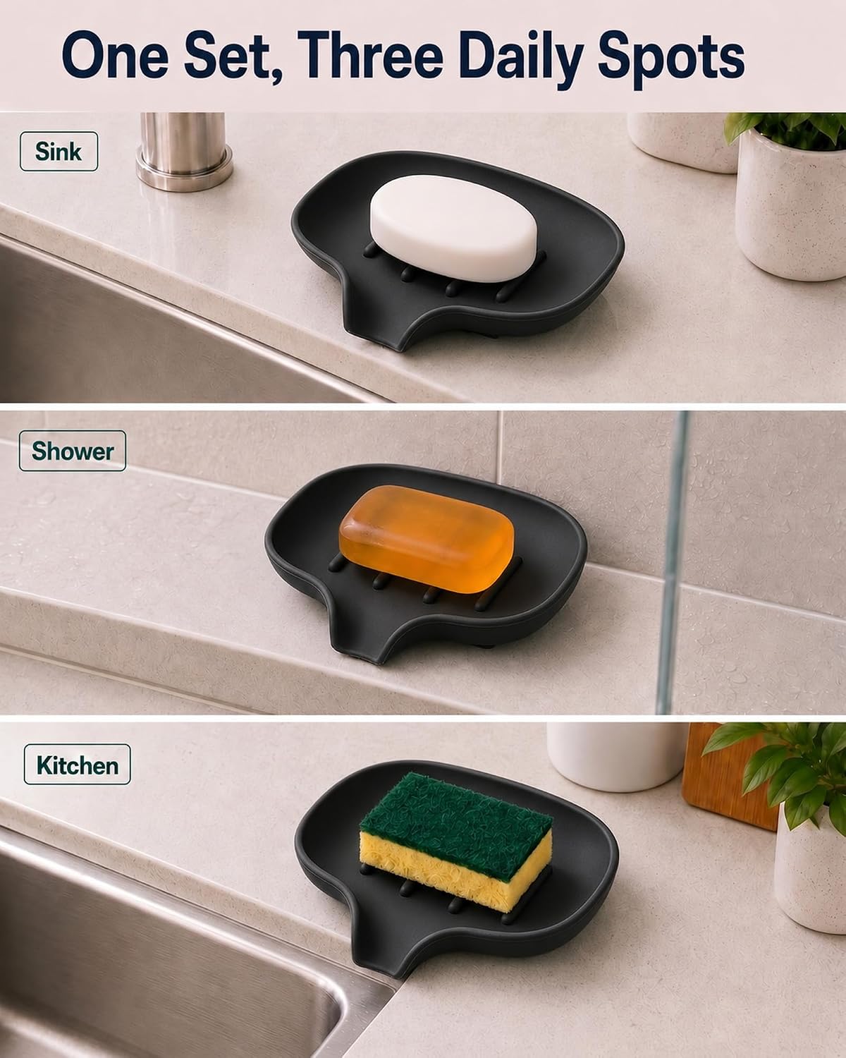 3 Pack Silicone Soap Dish with Drain, Bar Soap Holder for Shower/Bathroom, Self Draining Waterfall Soap Tray/Saver for Kitchen, Keep Soap Dry, Easy to Clean