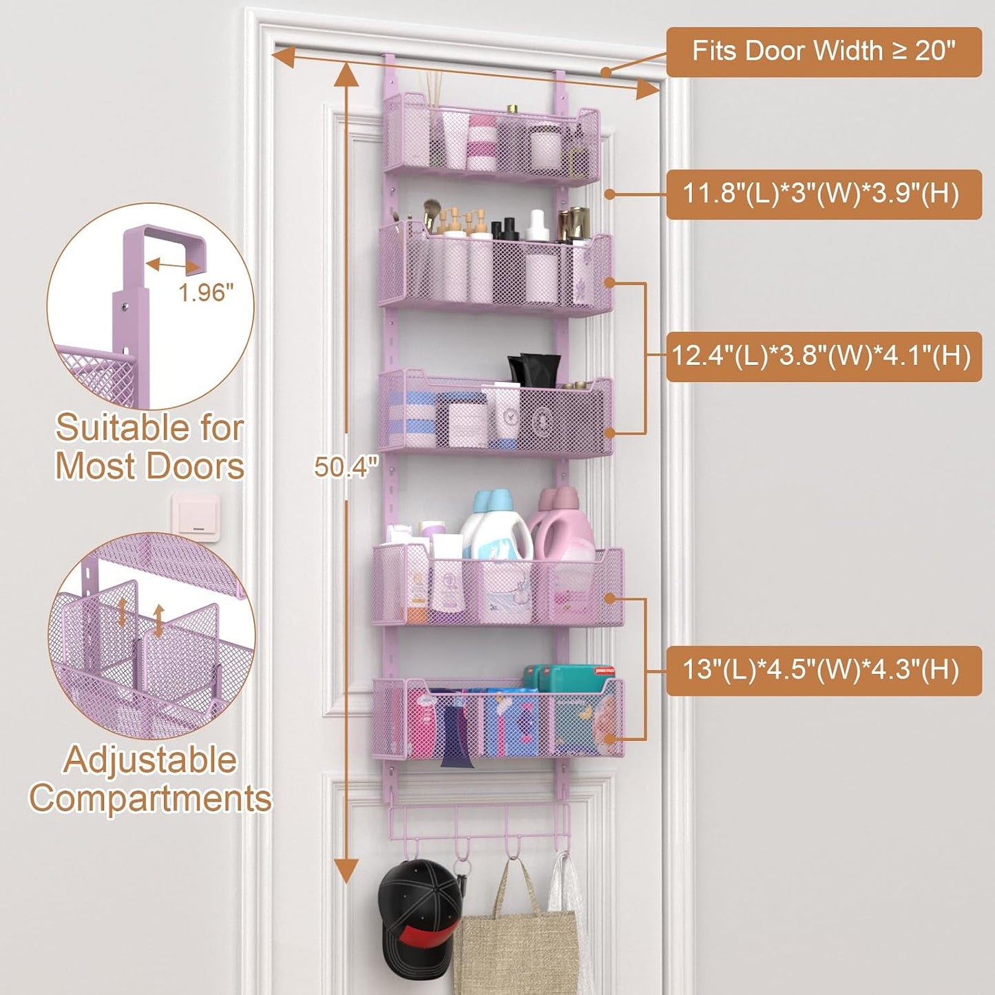 VyGrow Over The Door Organizer, Metal Door Organizer Hanging with 5 Adjustable Baskets and Coat Hook, Behind The Door Storage for Bedroom Closet Bathroom Pantry Cabinet Kitchen, Black