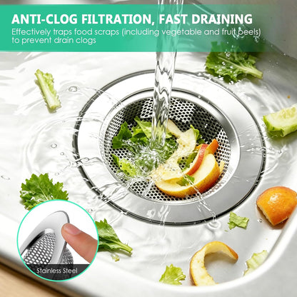 TENOC 2 Pack Kitchen Sink Strainer Stainless Steel, Heavy Duty Drain Strainer with Curved Rolled Edge, Anti Clog Slop Basket Filter Trap for Drain Hole, Silver