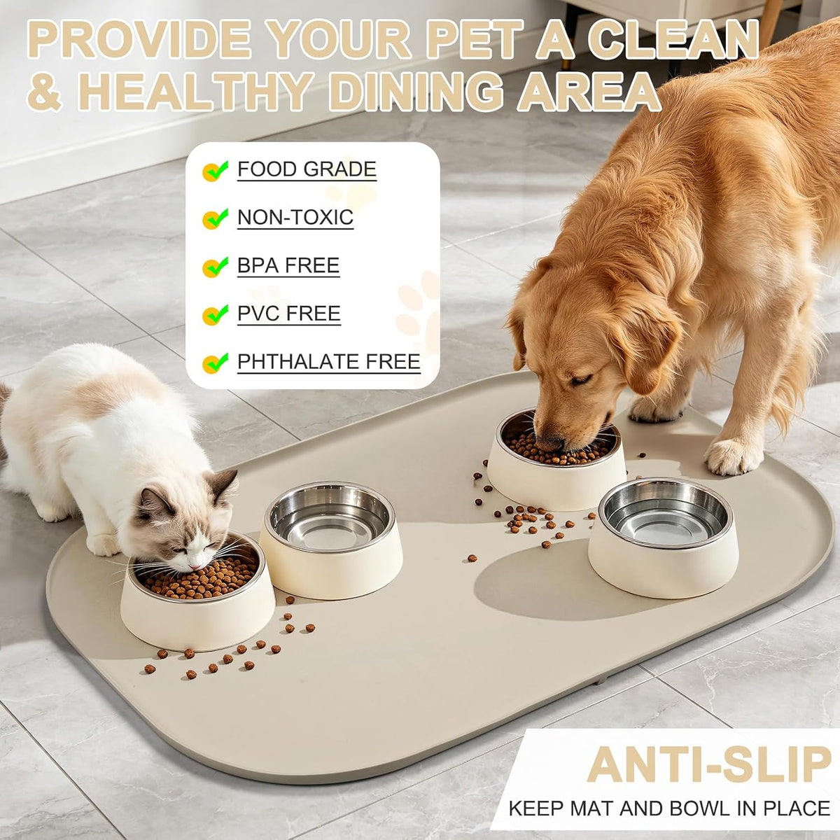 SMILOOL Silicone Pet Food Mat with Raised Edge for Food and Water Bowl, Dog Feeding Mats, Cat Food Trays for Floor Waterproof, Rubber Tray for Dogs and Cats, 19 x 12 x 0.7 Black