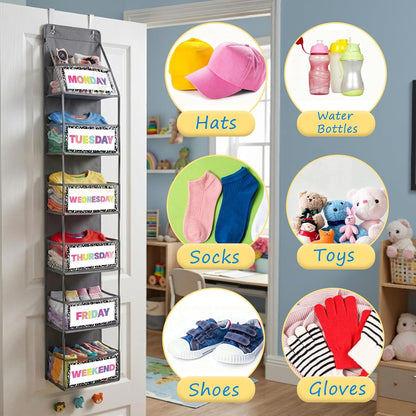 2 Pack Weekly Clothes Organizer for Kids, 6 Shelf Hanging Closet Organizer with Clear Window, Foldable Days of the Week Over the Door Outfit Organizer with Labels for Closet School