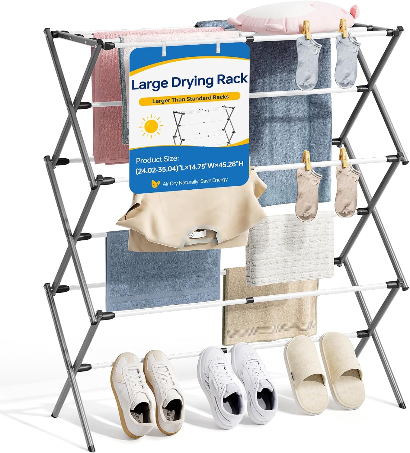 APEXCHASER Extra Large Clothes Drying Rack, Foldable & Extendable Laundry Rack with Adjustable Size (20.87"-35.43" L), Space-Saving, Rust-Resistant Frame for Indoor/Outdoor Use, White