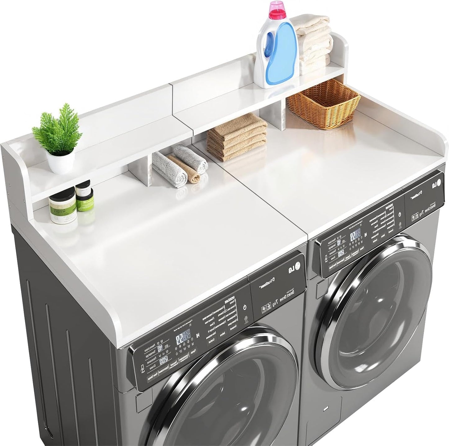 54" X 27.5" Washer and Dryer Countertop, Adjustable Laundry Countertop with Shelf, Extra Dividers, Folding Clothes Station, Over Machine Storage for Detergents & Essentials (Natural)